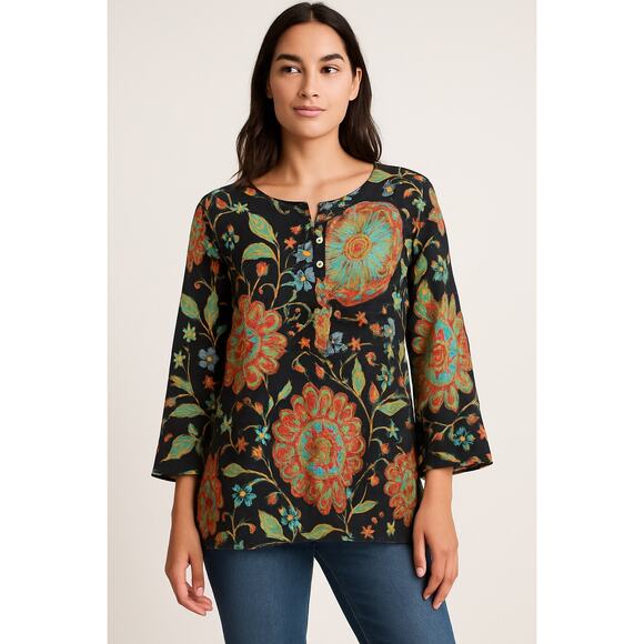 Athleta Floral Boho Tunic Top Black Multicolor Cotton Silk Blend M semi sheer - Picture 1 of 7